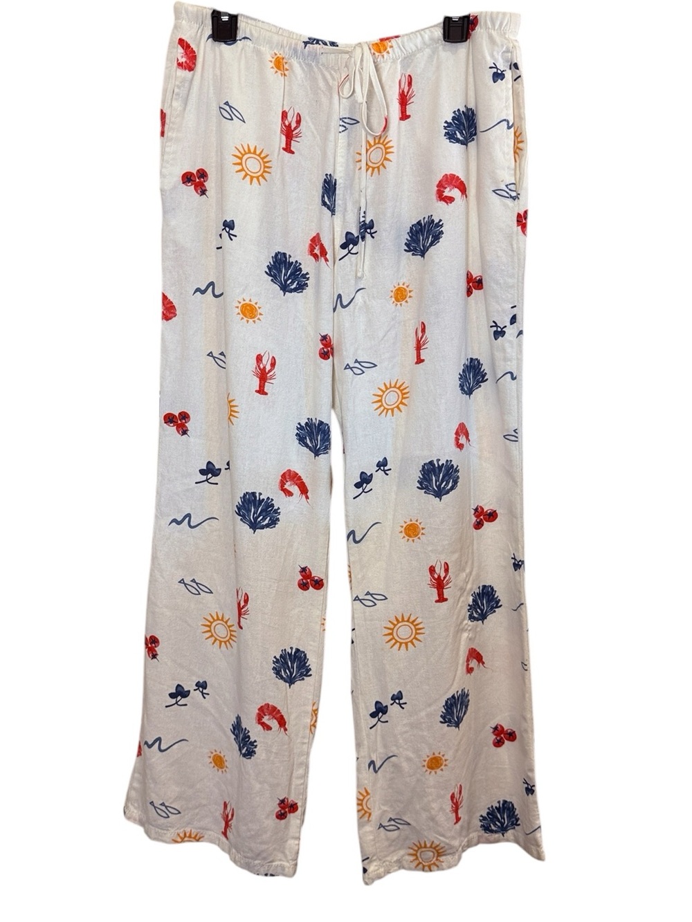 Cali1850 Women’s Wide Leg Cream Beachy Nautical Campy Print Blend Pants sz L